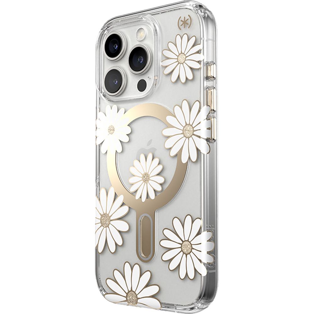 Handyhülle für iPhone 16 Pro, Speck Presidio Lux ClickLock & MagSafe, Transparent mit weißen und goldenen Elementen