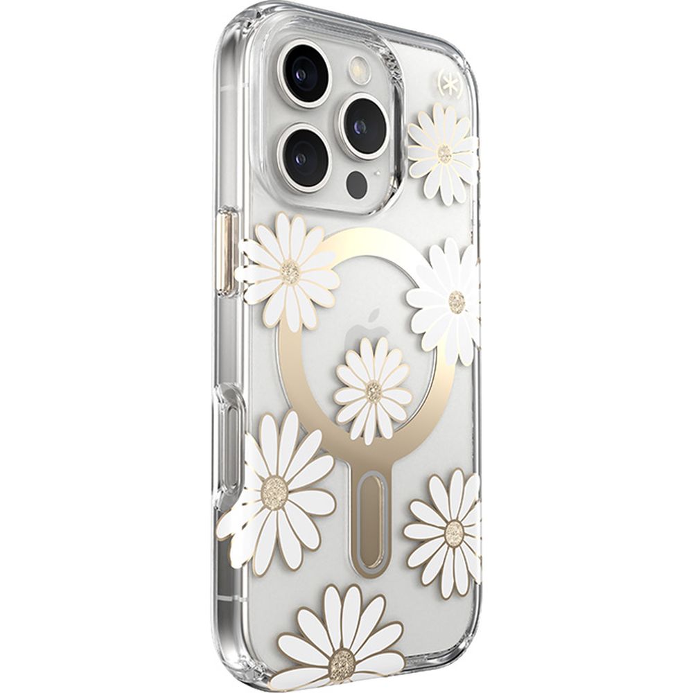 Handyhülle für iPhone 16 Pro, Speck Presidio Lux ClickLock & MagSafe, Transparent mit weißen und goldenen Elementen
