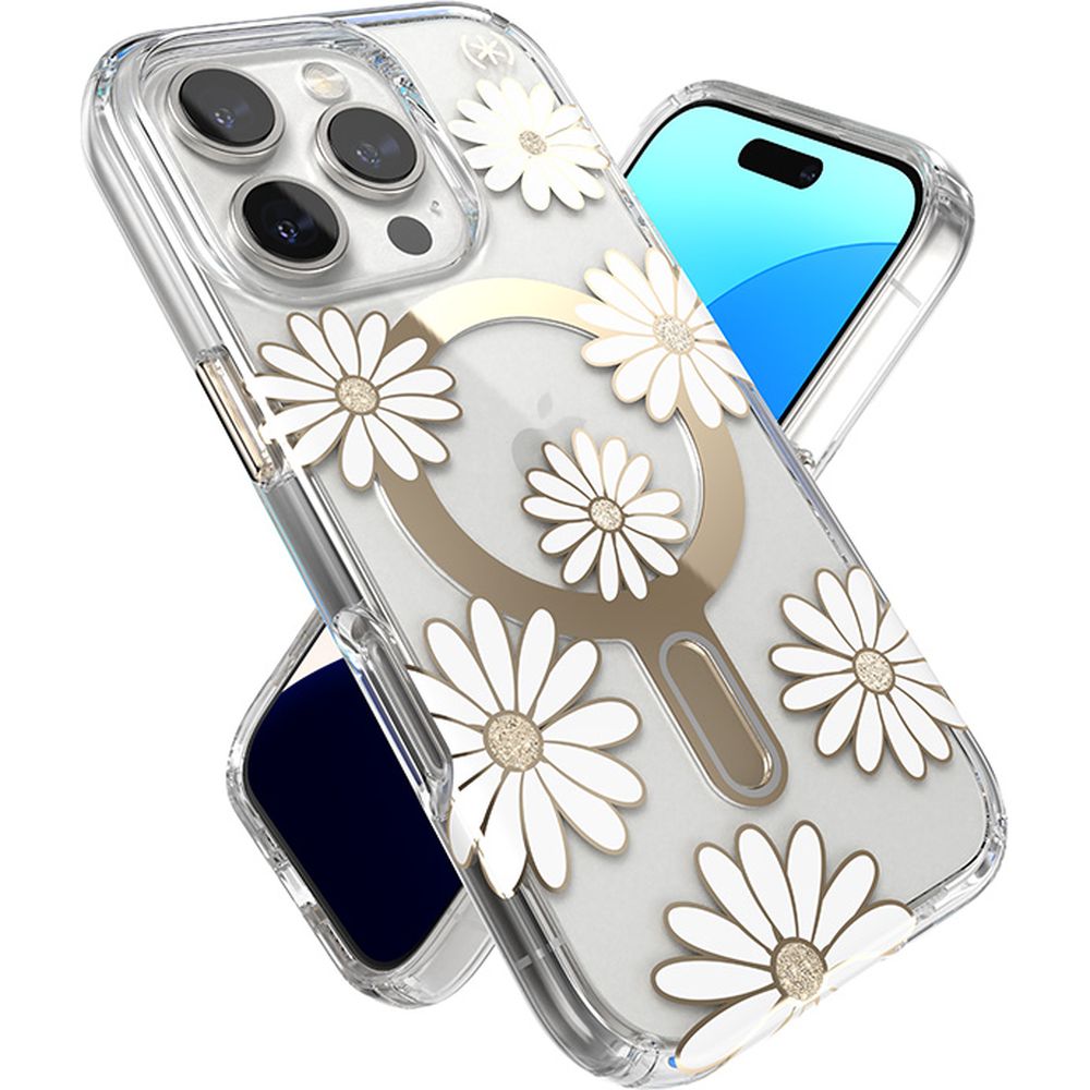 Handyhülle für iPhone 16 Pro, Speck Presidio Lux ClickLock & MagSafe, Transparent mit weißen und goldenen Elementen