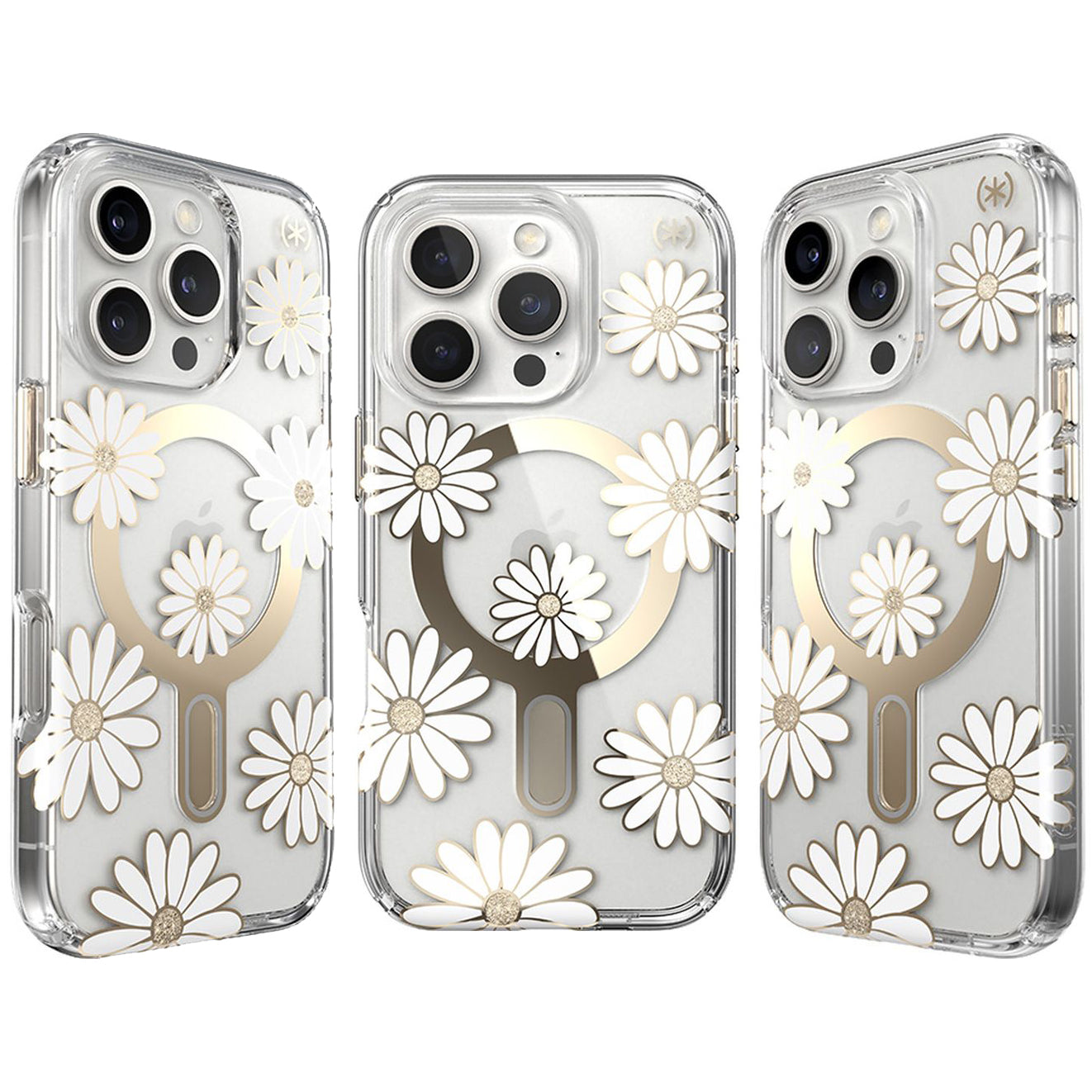 Handyhülle für iPhone 16 Pro, Speck Presidio Lux ClickLock & MagSafe, Transparent mit weißen und goldenen Elementen