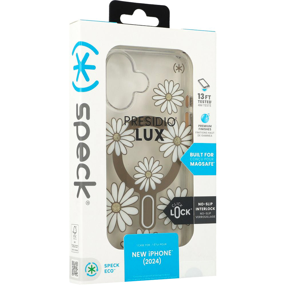 Handyhülle für iPhone 16, Speck Presidio Lux ClickLock & MagSafe, Transparent mit weißen und goldenen Elementen