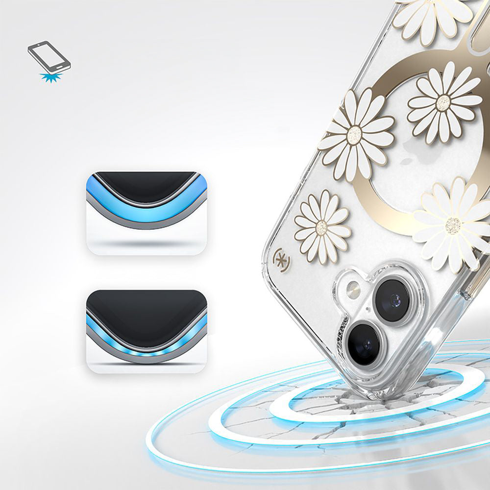 Handyhülle für iPhone 16, Speck Presidio Lux ClickLock & MagSafe, Transparent mit weißen und goldenen Elementen