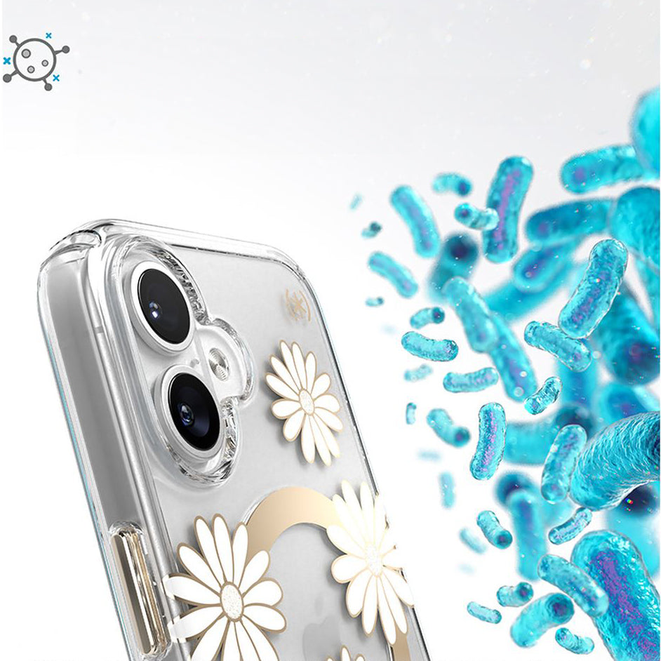 Handyhülle für iPhone 16, Speck Presidio Lux ClickLock & MagSafe, Transparent mit weißen und goldenen Elementen
