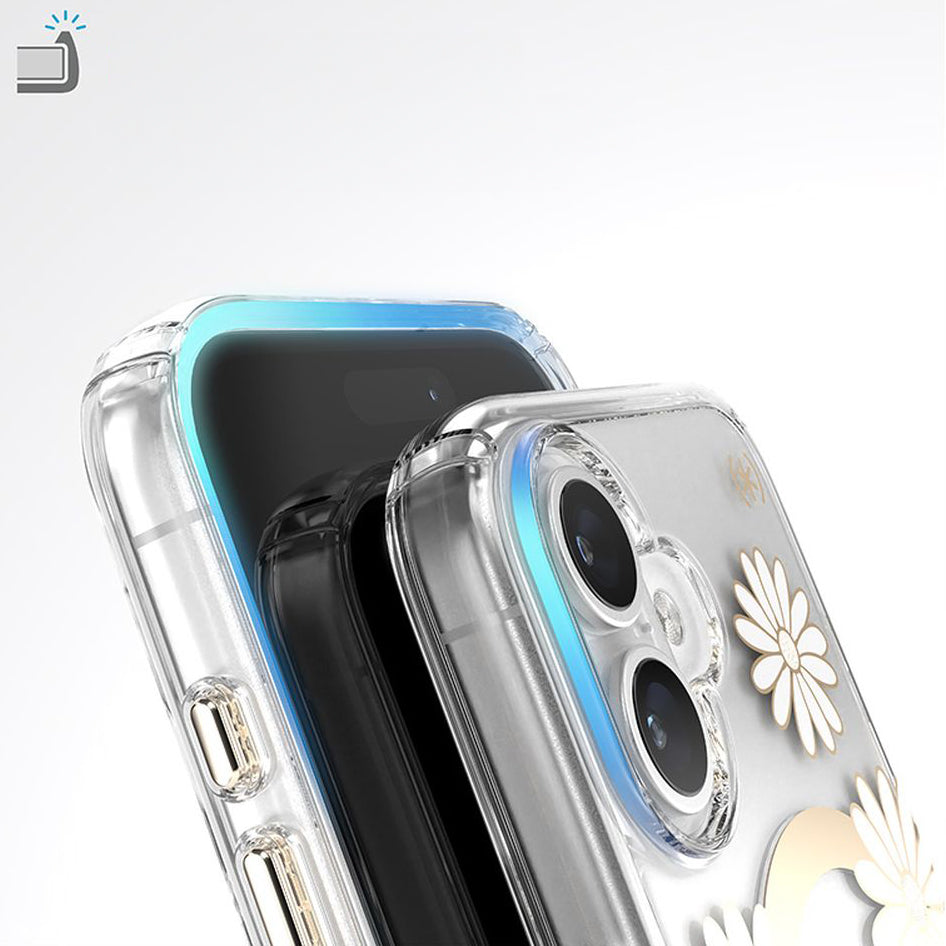 Handyhülle für iPhone 16, Speck Presidio Lux ClickLock & MagSafe, Transparent mit weißen und goldenen Elementen