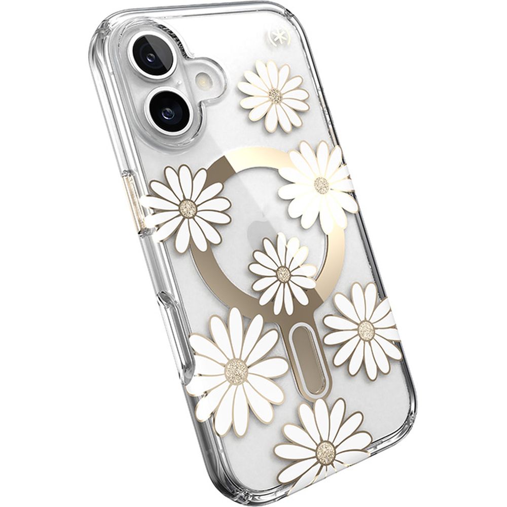 Handyhülle für iPhone 16, Speck Presidio Lux ClickLock & MagSafe, Transparent mit weißen und goldenen Elementen