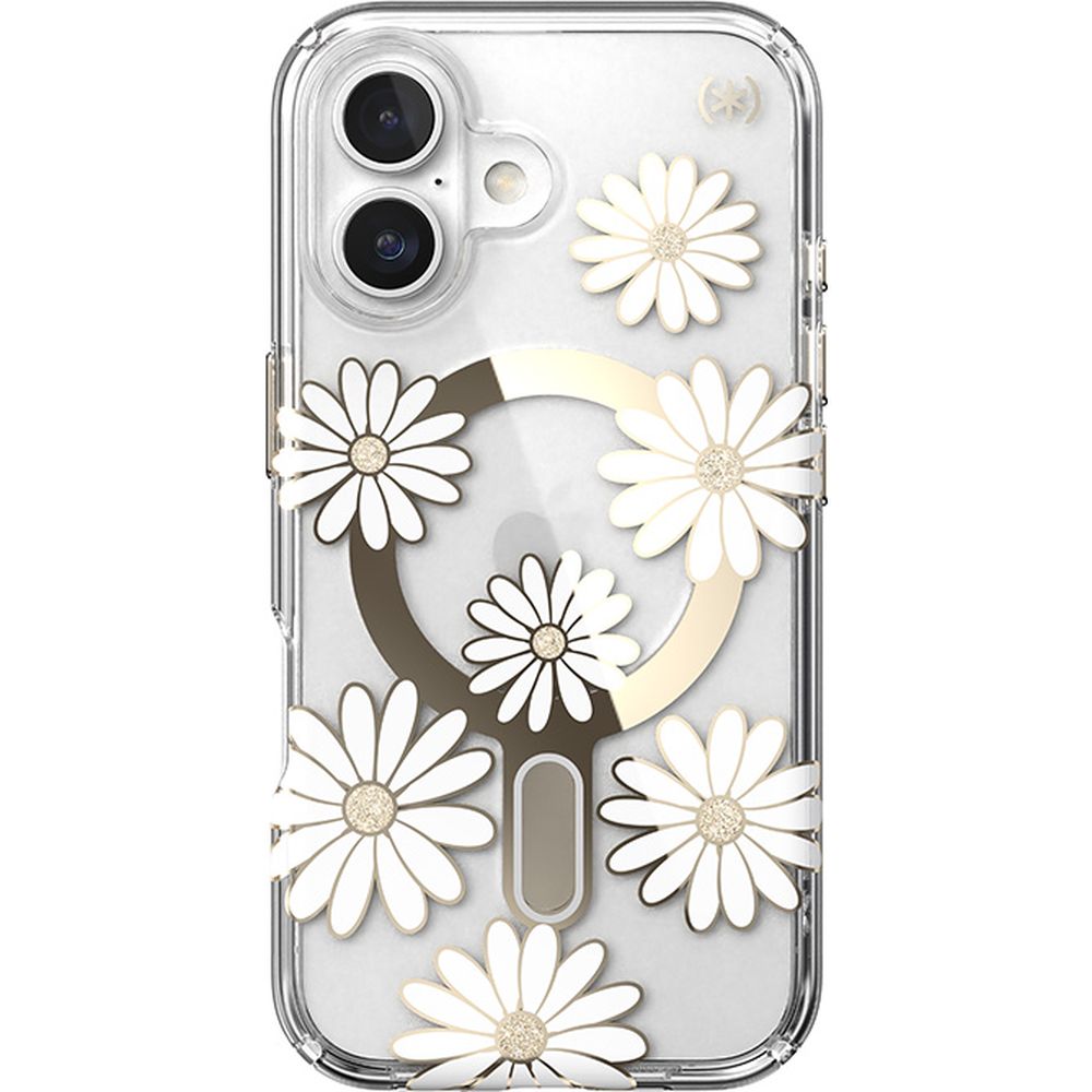 Handyhülle für iPhone 16, Speck Presidio Lux ClickLock & MagSafe, Transparent mit weißen und goldenen Elementen
