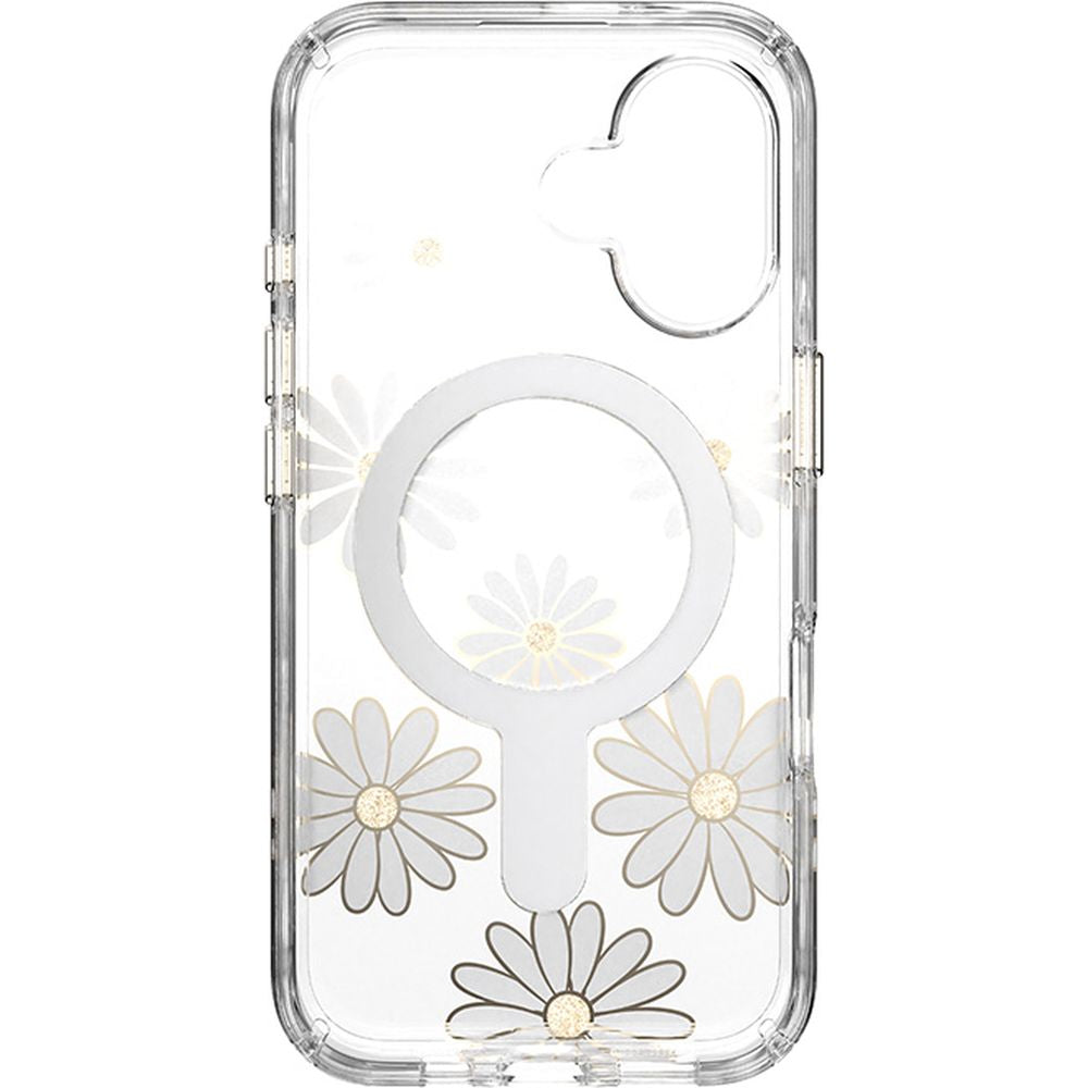 Handyhülle für iPhone 16, Speck Presidio Lux ClickLock & MagSafe, Transparent mit weißen und goldenen Elementen