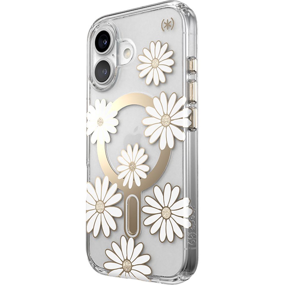 Handyhülle für iPhone 16, Speck Presidio Lux ClickLock & MagSafe, Transparent mit weißen und goldenen Elementen
