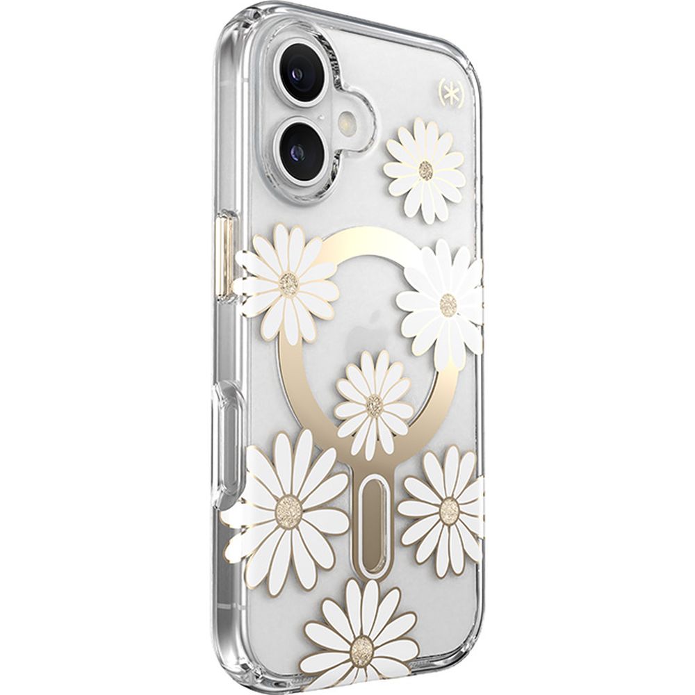 Handyhülle für iPhone 16, Speck Presidio Lux ClickLock & MagSafe, Transparent mit weißen und goldenen Elementen