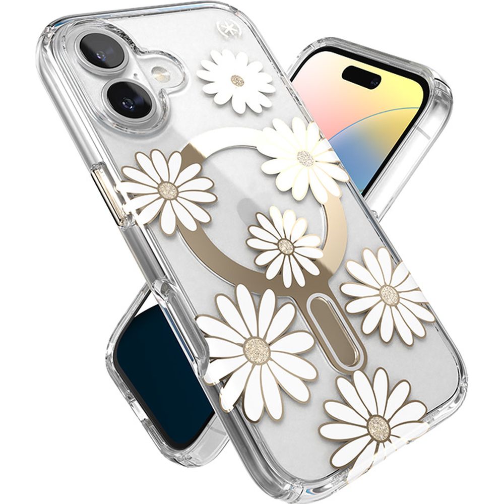 Handyhülle für iPhone 16, Speck Presidio Lux ClickLock & MagSafe, Transparent mit weißen und goldenen Elementen