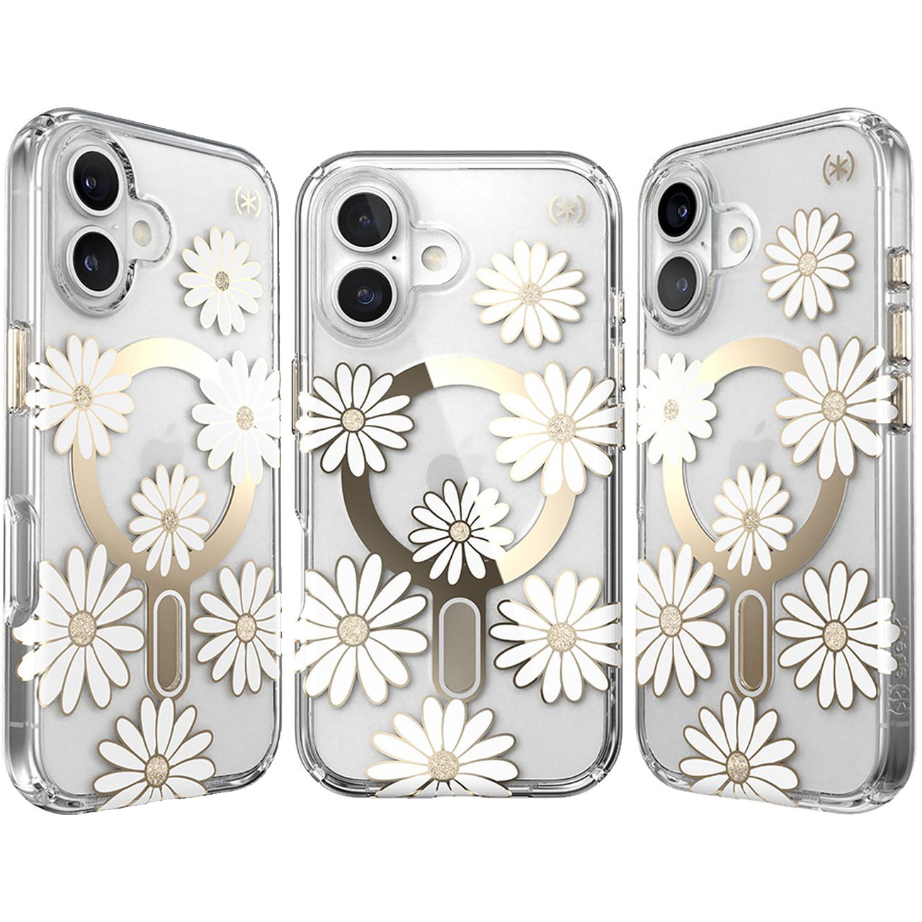 Handyhülle für iPhone 16, Speck Presidio Lux ClickLock & MagSafe, Transparent mit weißen und goldenen Elementen