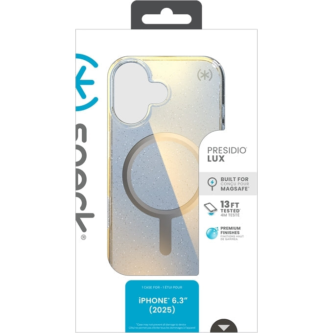 Handyhülle für iPhone 17, Speck Presidio Lux MagSafe, Blau mit Glitzer