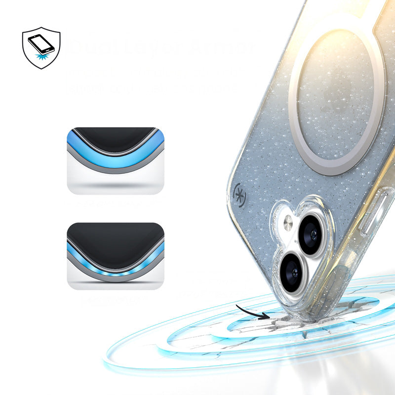 Handyhülle für iPhone 17, Speck Presidio Lux MagSafe, Blau mit Glitzer