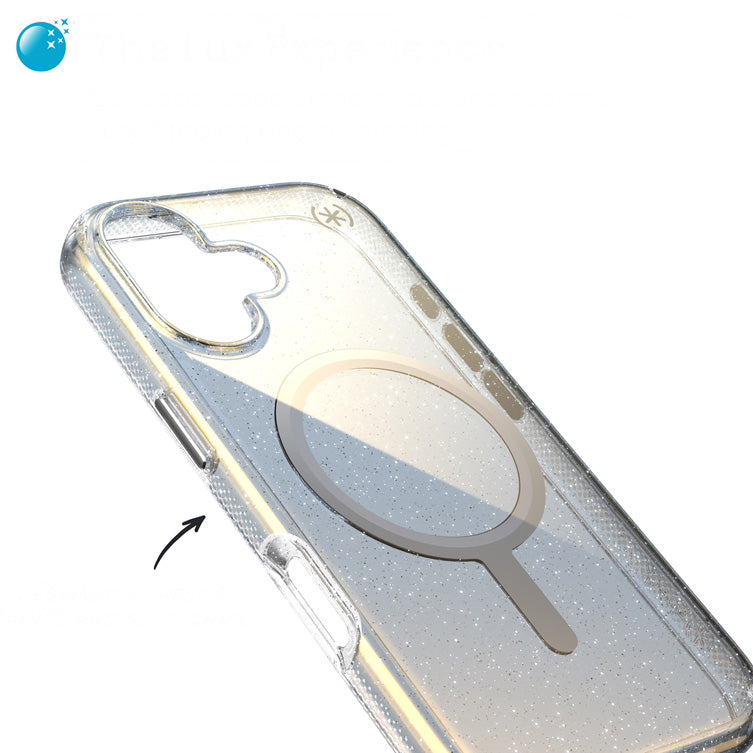 Handyhülle für iPhone 17, Speck Presidio Lux MagSafe, Blau mit Glitzer