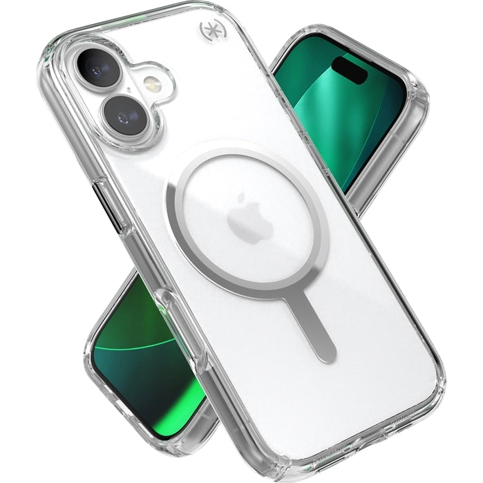Handyhülle für iPhone 17, Speck Presidio Perfect-Clear mit MagSafe, Transparent und Silbern