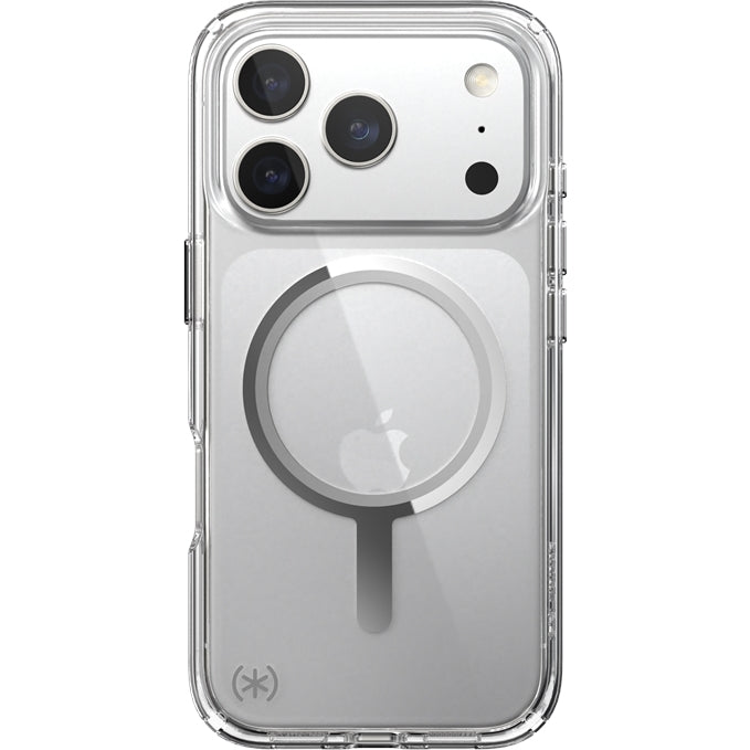 Handyhülle für iPhone 17 Pro, Speck Presidio Perfect-Clear mit MagSafe, Transparent und Silbern