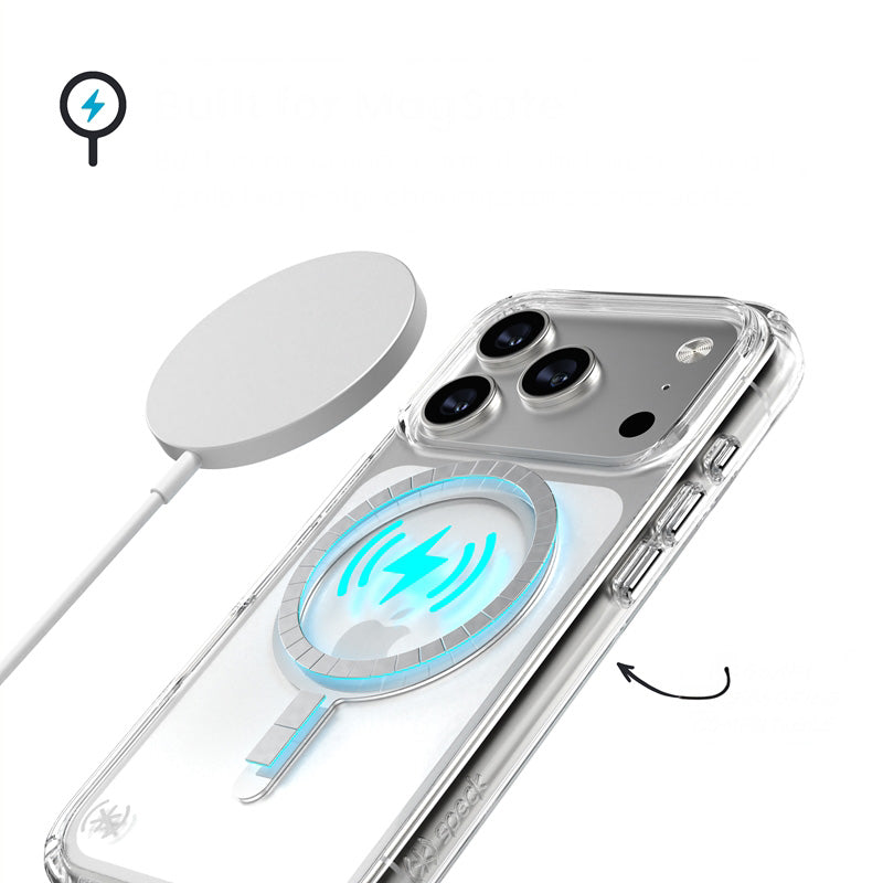 Handyhülle für iPhone 17 Pro, Speck Presidio Perfect-Clear mit MagSafe, Transparent und Silbern