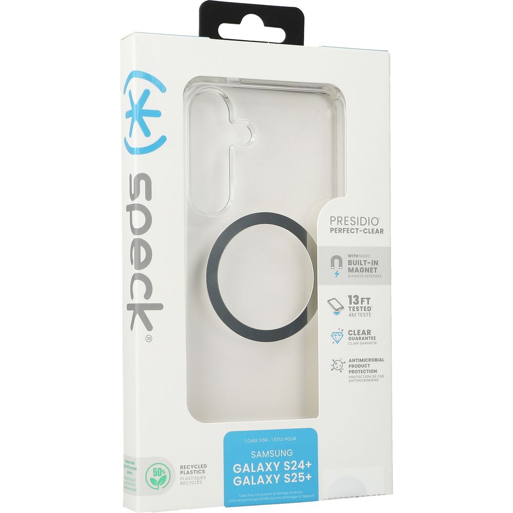 Handyhülle für Galaxy S25 Plus / S24 Plus, Speck Presidio Perfect-Clear mit MagSafe, Transparentes Chrom und Silbern