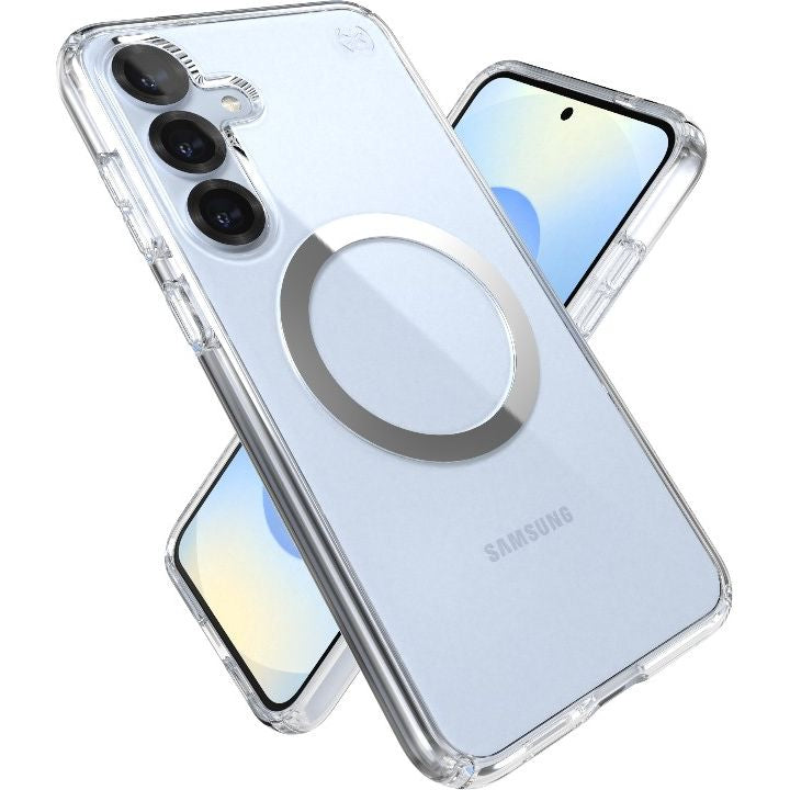 Handyhülle für Galaxy S25 Plus / S24 Plus, Speck Presidio Perfect-Clear mit MagSafe, Transparentes Chrom und Silbern