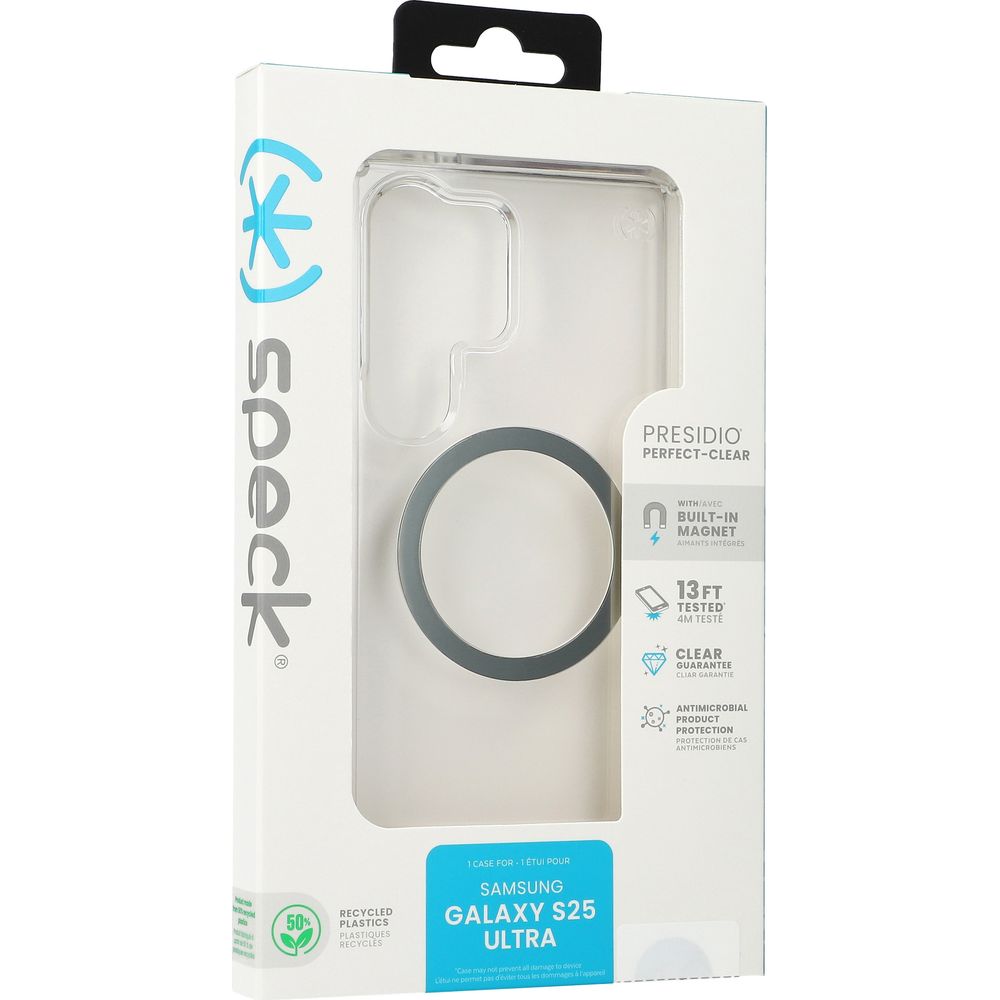 Handyhülle für Galaxy S25 Ultra, Speck Presidio Perfect-Clear mit MagSafe, Transparentes Chrom und Silbern