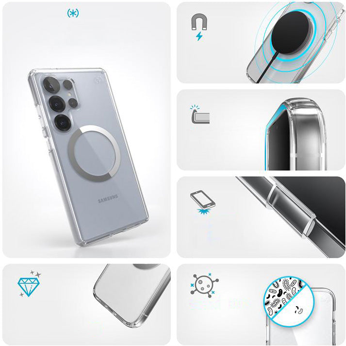 Handyhülle für Galaxy S25 Ultra, Speck Presidio Perfect-Clear mit MagSafe, Transparentes Chrom und Silbern