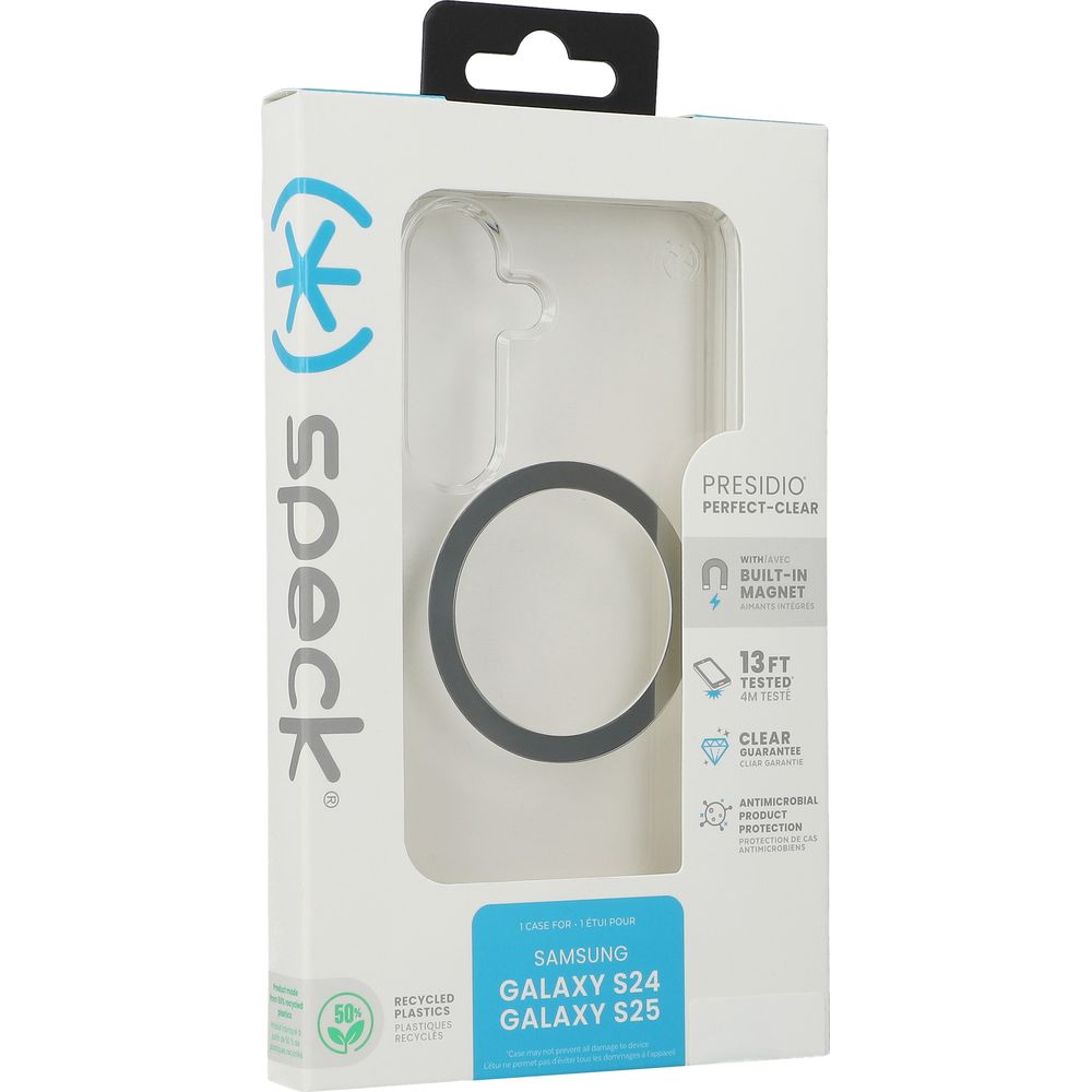 Handyhülle für Galaxy S25 / S24, Speck Presidio Perfect-Clear mit MagSafe, Transparentes Chrom und Silbern