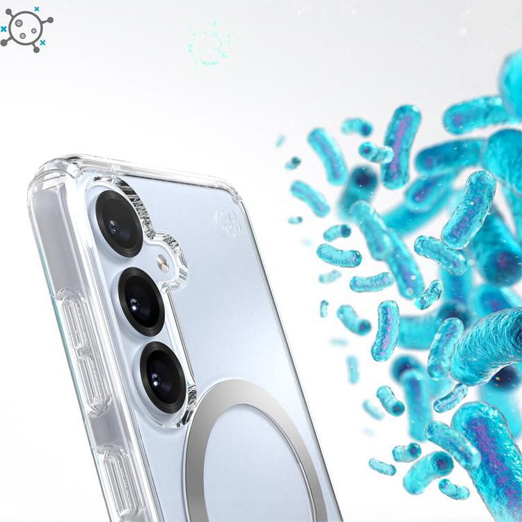 Handyhülle für Galaxy S25 / S24, Speck Presidio Perfect-Clear mit MagSafe, Transparentes Chrom und Silbern
