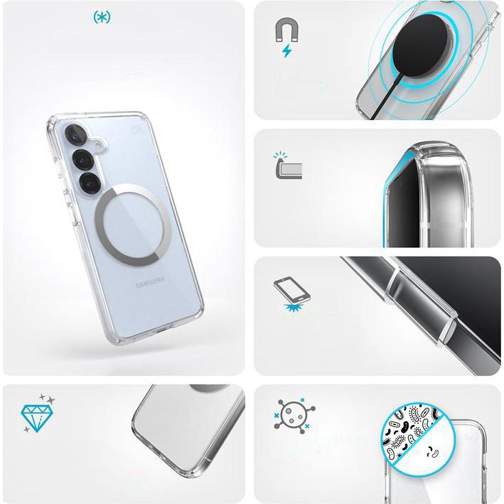 Handyhülle für Galaxy S25 / S24, Speck Presidio Perfect-Clear mit MagSafe, Transparentes Chrom und Silbern