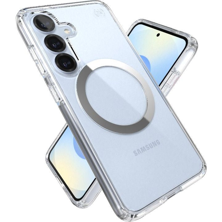 Handyhülle für Galaxy S25 / S24, Speck Presidio Perfect-Clear mit MagSafe, Transparentes Chrom und Silbern