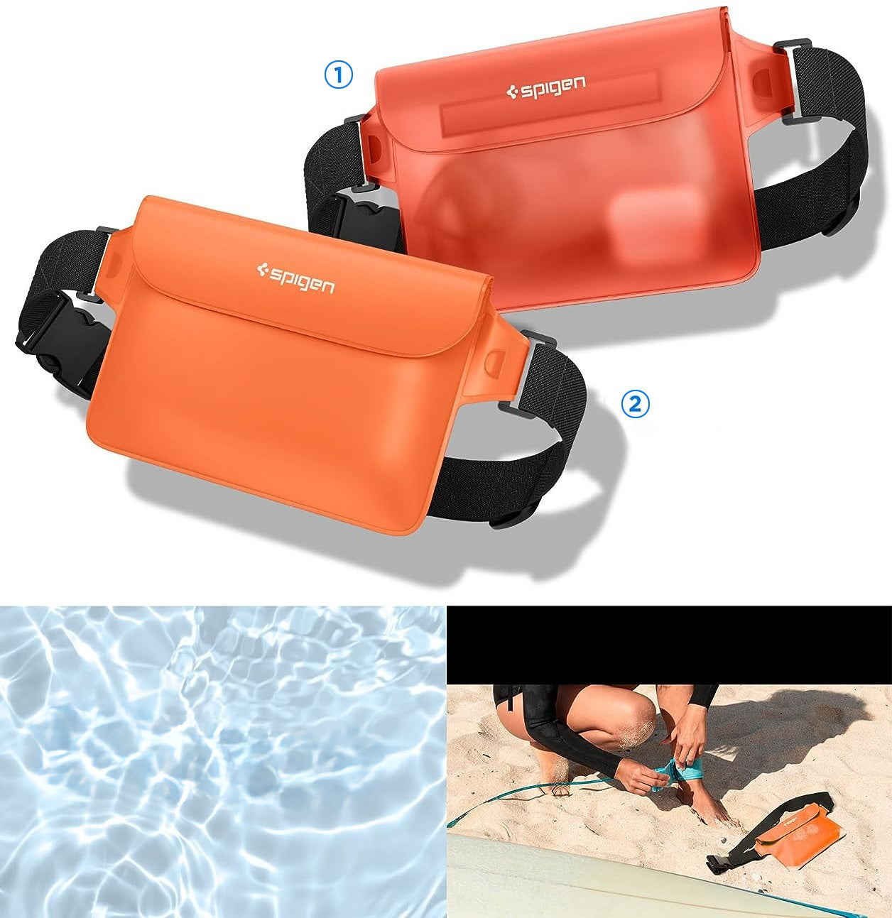 Wasserdichte Tasche Spigen Aqua Shield A620 Universal IPX8 2-Pack, Orange und Transparentes Orange