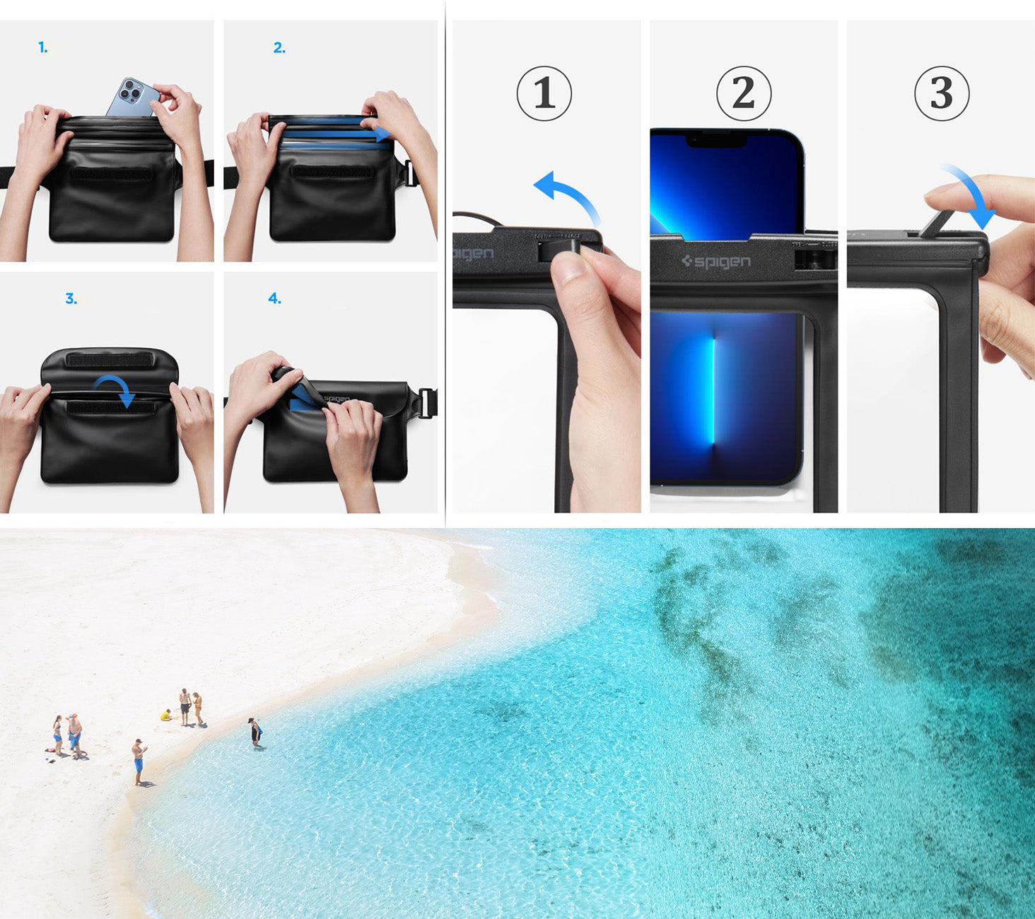 Wasserdichte Schutzhülle + Tashe Spigen A621 Waterproof Case + Bag, Schwarz