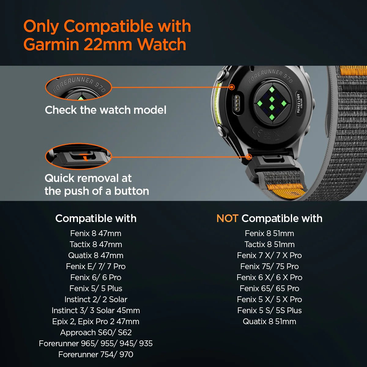 Armband für Smartwatch, QuickFit 22 mm, Spigen Athlex Air 2, Schwarz-Orange