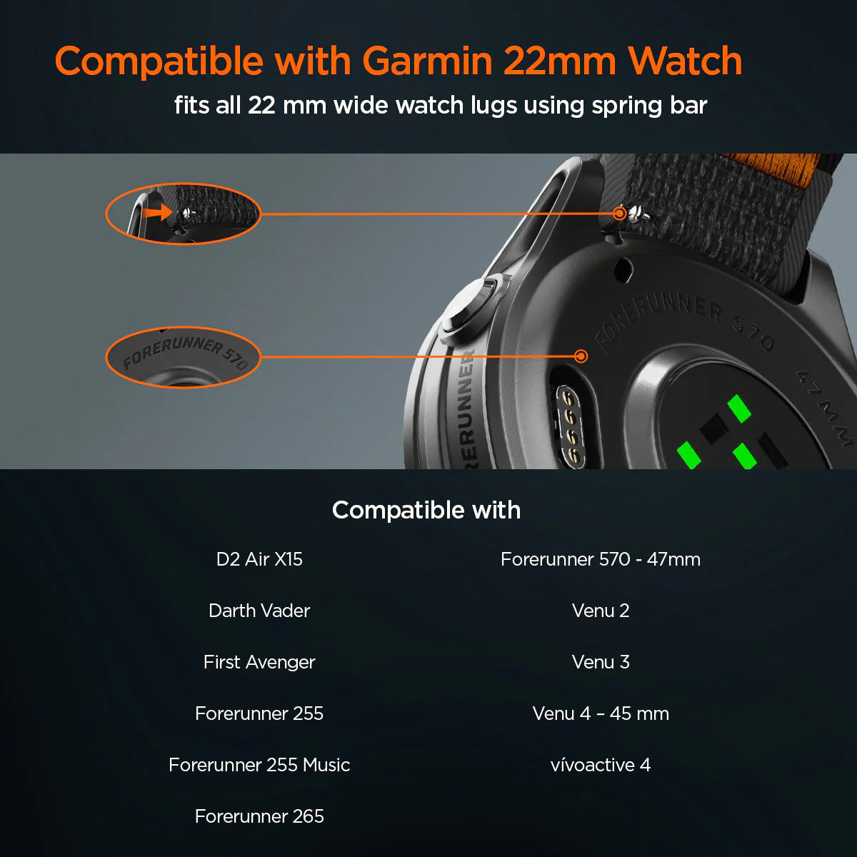 Armband für Smartwatch, QuickRelease 22 mm, Spigen Athlex Air 2, Schwarz-Orange