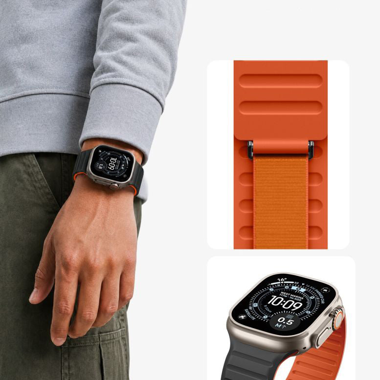 Armband für Apple Watch 44/45/46/49 mm, Spigen Athlex Air M, Schwarz-Orange (9/9)