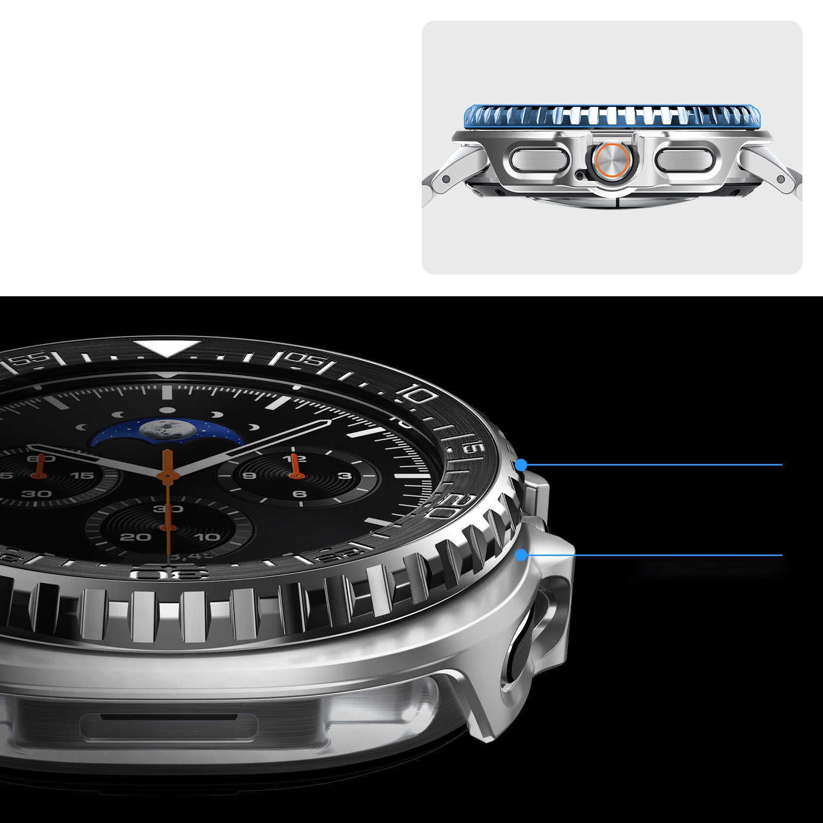 Hülle mit Lünette Ring für Galaxy Watch 8 Classic 46 mm, Spigen Bezel Tune Pro, Schwarz-Silbern