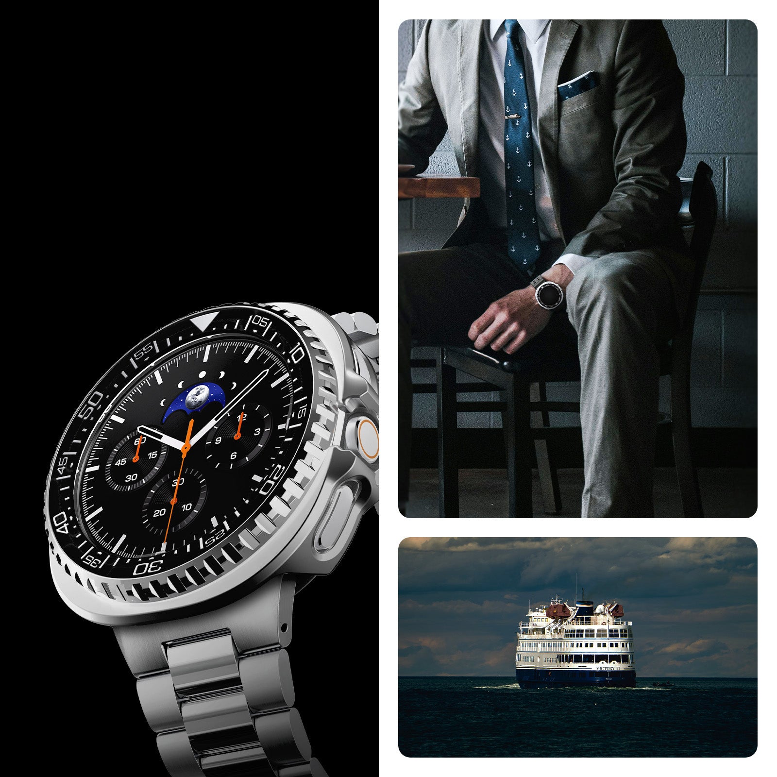 Hülle mit Lünette Ring für Galaxy Watch 8 Classic 46 mm, Spigen Bezel Tune Pro, Schwarz-Silbern