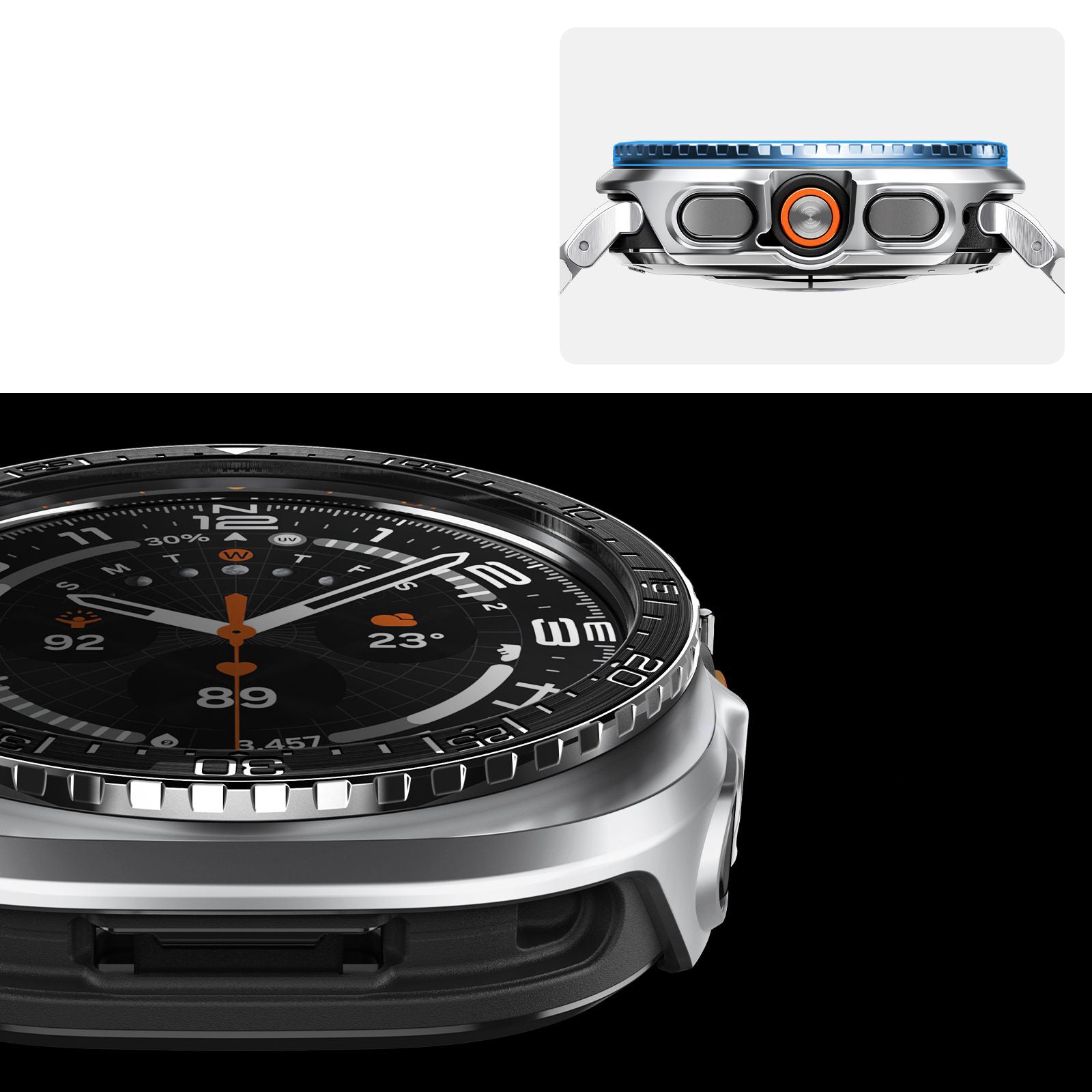 Hülle mit Lünette Ring für Galaxy Watch Ultra 2 47 mm, Spigen Bezel Tune Pro Diver, Schwarz-Silbern