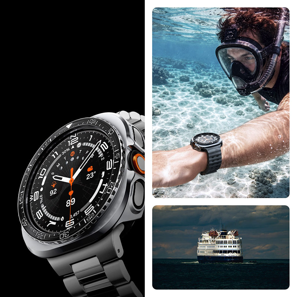 Hülle mit Lünette Ring für Galaxy Watch Ultra 2 47 mm, Spigen Bezel Tune Pro Diver, Schwarz-Silbern