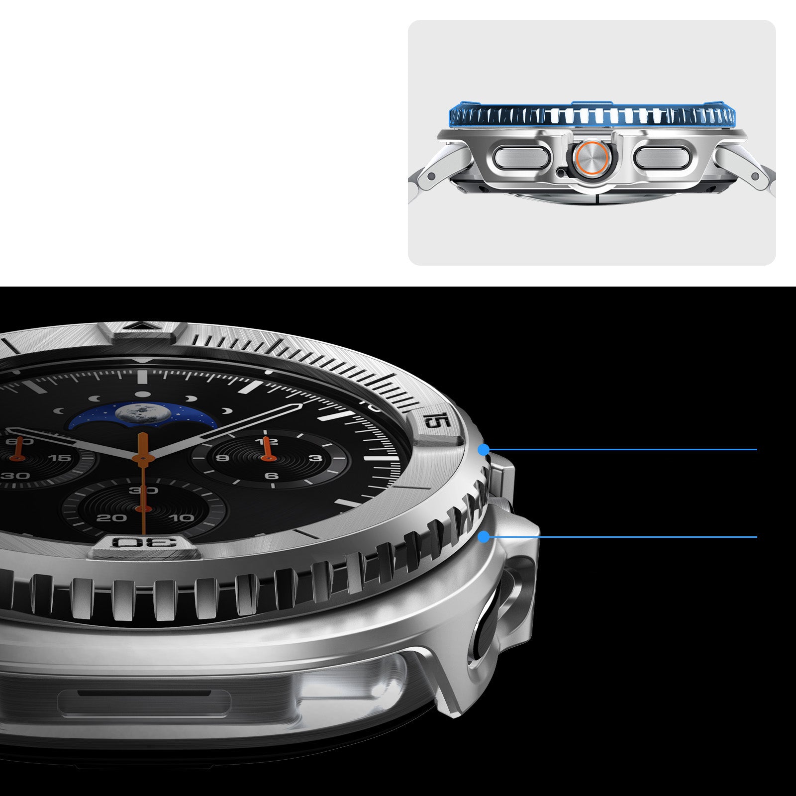 Hülle mit Lünette Ring für Galaxy Watch 8 Classic 46 mm, Spigen Bezel Tune Pro, Silbern