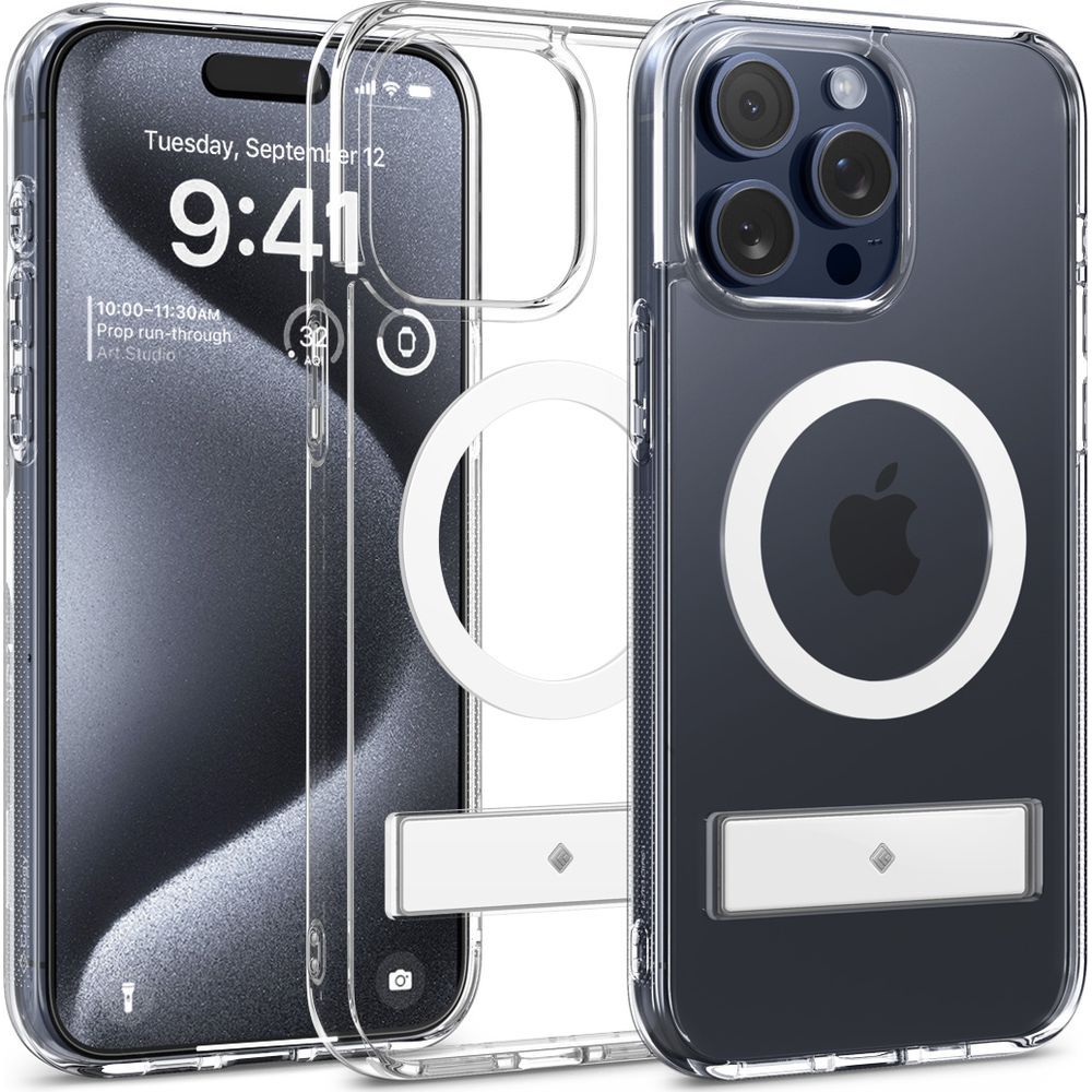 Handyhülle für iPhone 15 Pro Max, Spigen Caseology Capella Mag Kickstand mit MagSafe, Transparent-Weiß