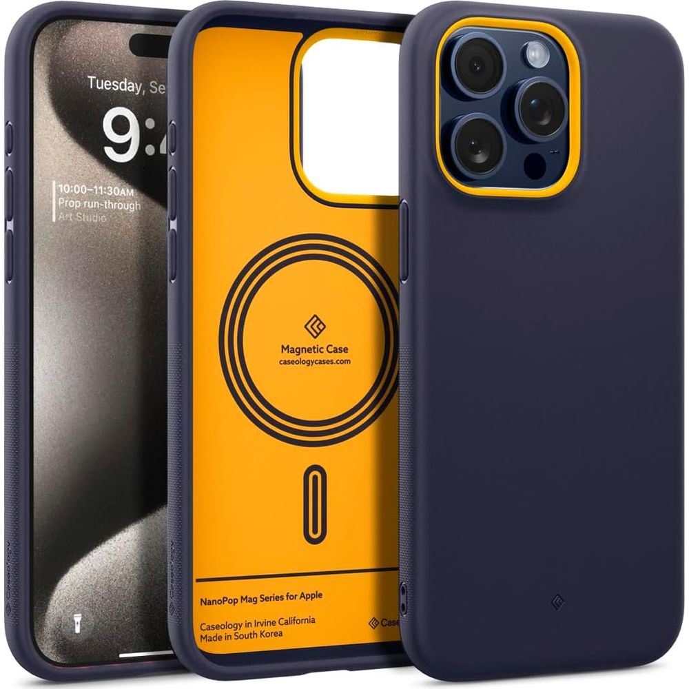 Schutzhülle für iPhone 15 Pro Max, Spigen Caseology Nano Pop Mag mit MagSafe, Dunkelblau-Gelb