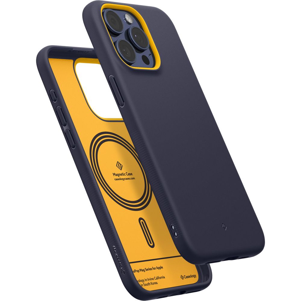 Schutzhülle für iPhone 15 Pro Max, Spigen Caseology Nano Pop Mag mit MagSafe, Dunkelblau-Gelb