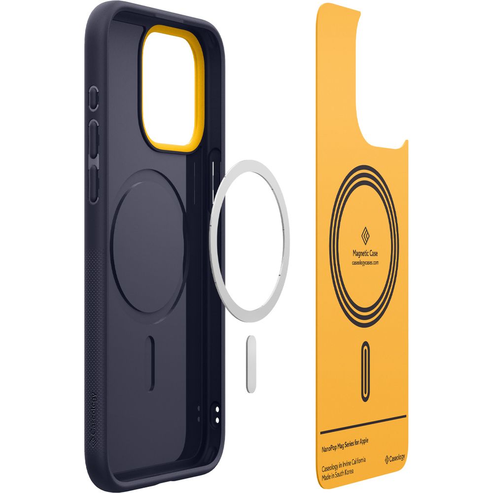 Schutzhülle für iPhone 15 Pro Max, Spigen Caseology Nano Pop Mag mit MagSafe, Dunkelblau-Gelb