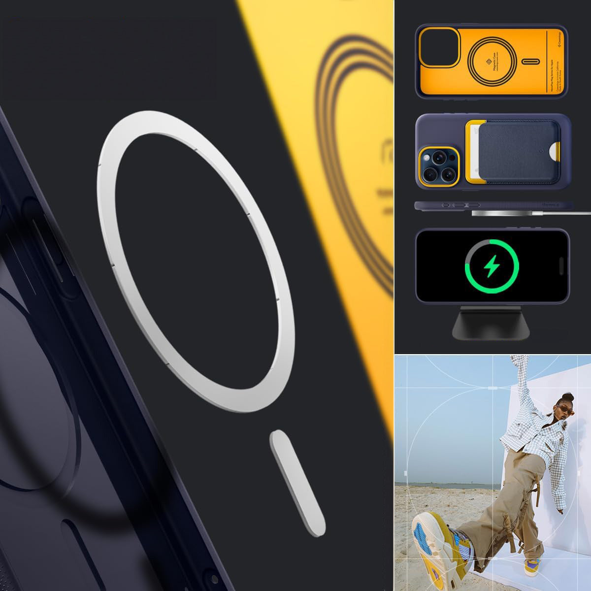 Schutzhülle für iPhone 15 Pro Max, Spigen Caseology Nano Pop Mag mit MagSafe, Dunkelblau-Gelb