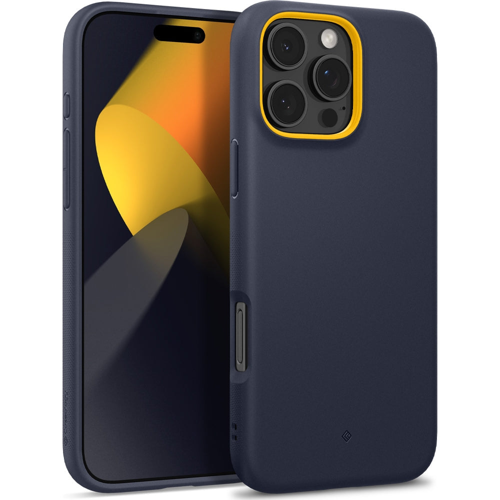 Handyhülle für iPhone 16 Pro, Spigen Caseology Nano Pop Mag mit MagSafe, Dunkelblau und Gelb