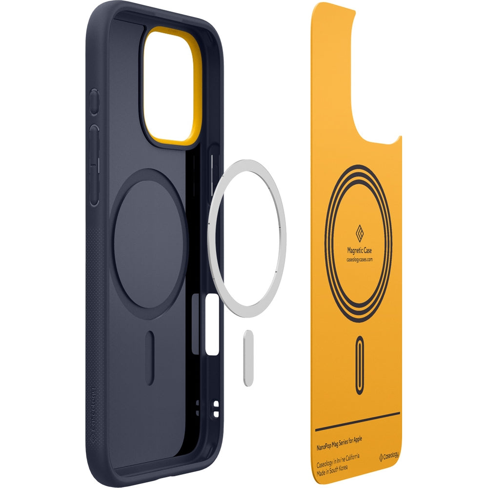 Handyhülle für iPhone 16 Pro, Spigen Caseology Nano Pop Mag mit MagSafe, Dunkelblau und Gelb