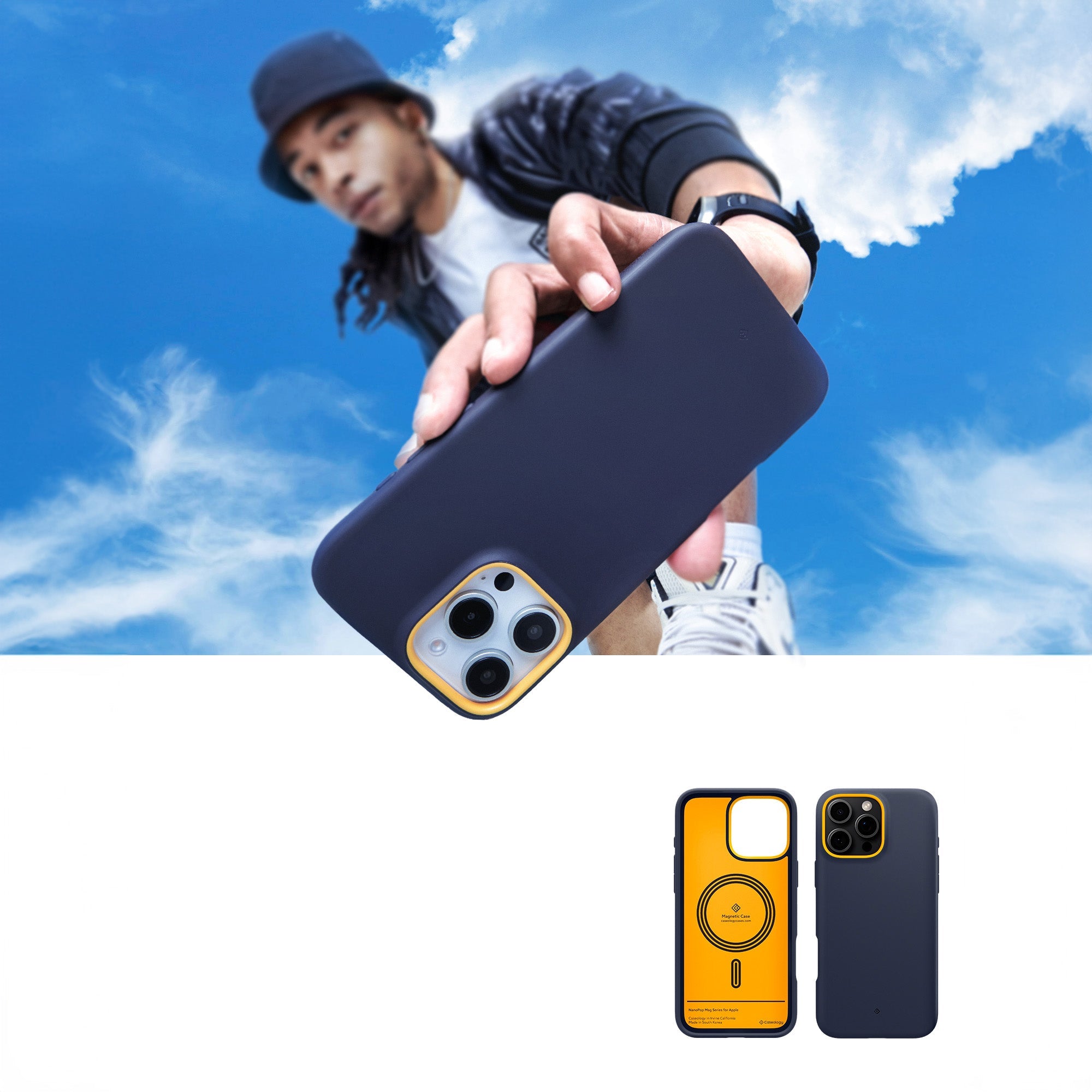 Handyhülle für iPhone 16 Pro, Spigen Caseology Nano Pop Mag mit MagSafe, Dunkelblau und Gelb
