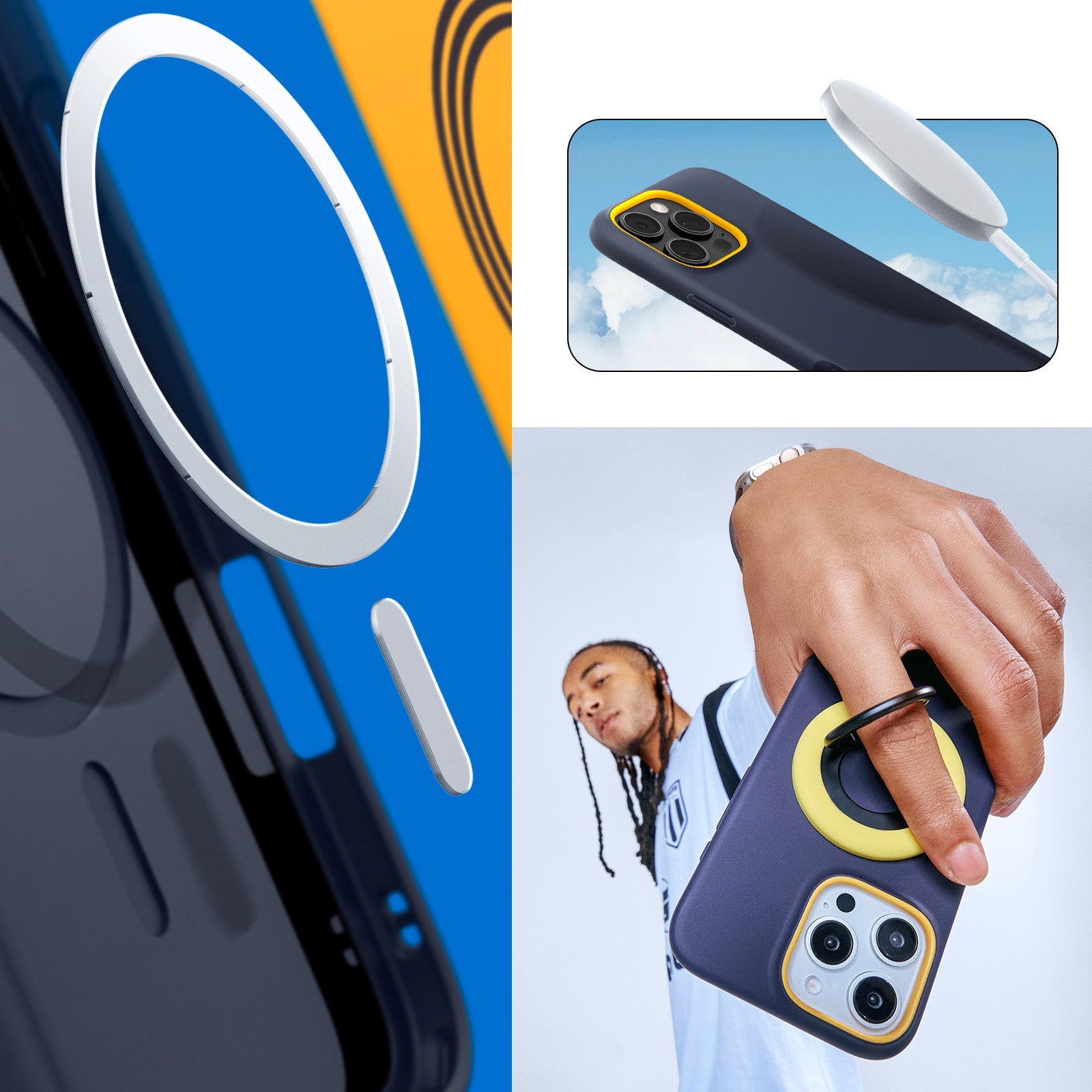 Handyhülle für iPhone 16 Pro, Spigen Caseology Nano Pop Mag mit MagSafe, Dunkelblau und Gelb