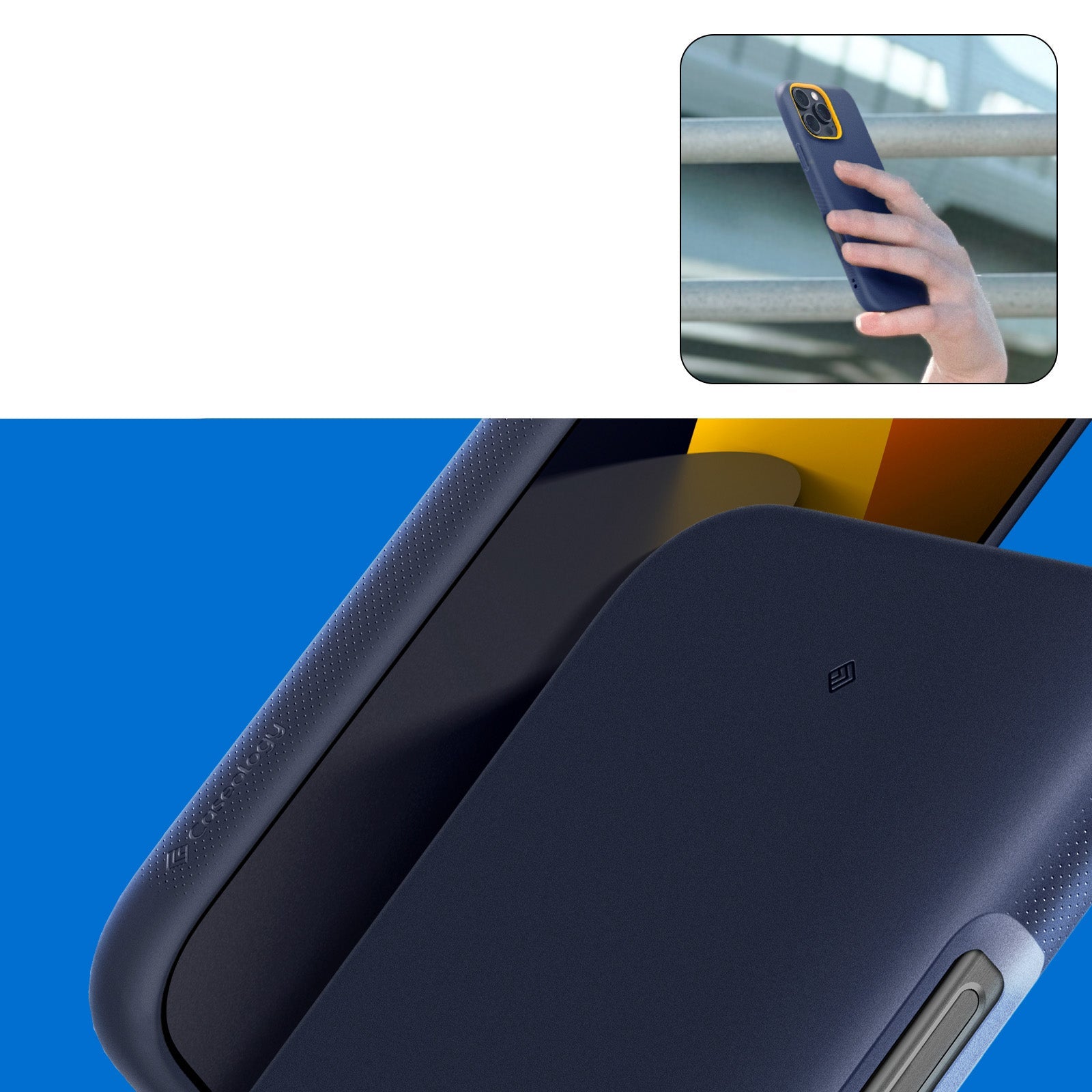 Handyhülle für iPhone 16 Pro, Spigen Caseology Nano Pop Mag mit MagSafe, Dunkelblau und Gelb