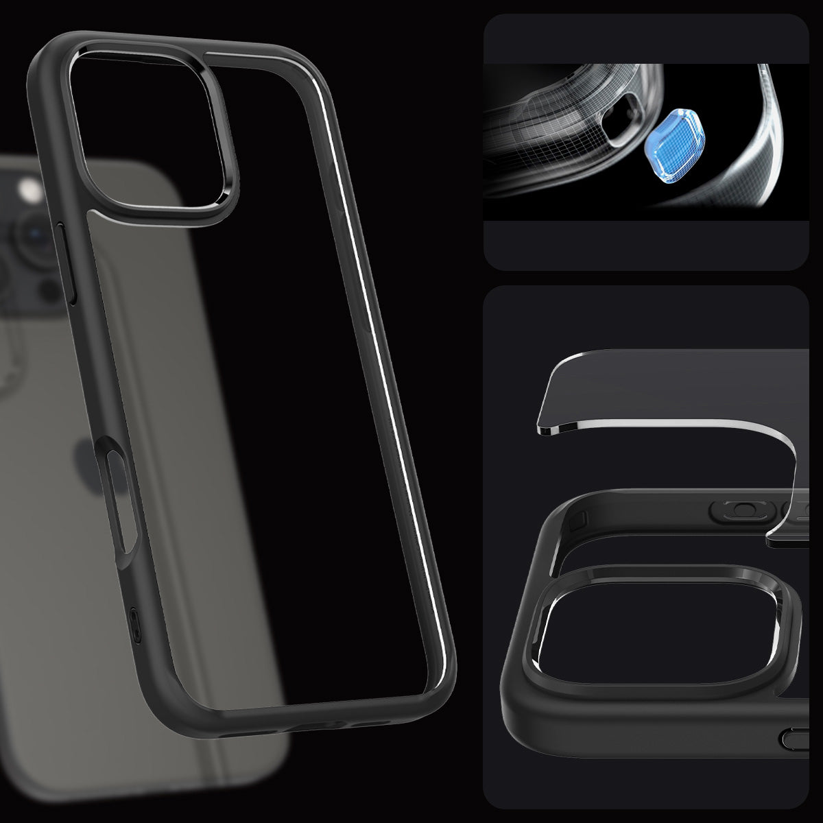 Handyhülle für iPhone 16 Pro Max, Spigen Crystal Hybrid, Transparent-Schwarz